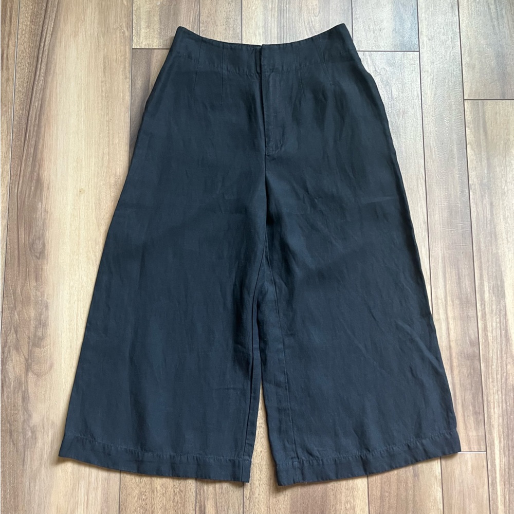 10 Crosby Derek Lam Black Wide Leg Linen Blend Cropped Trousers